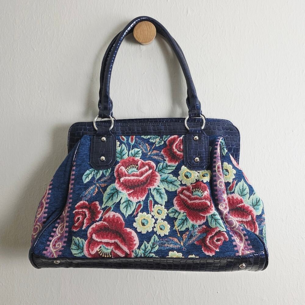 Mod X Navy Blue Floral Tapestry Embroidered Shoulder Bag Tote Silver Studded L - Picture 5 of 12